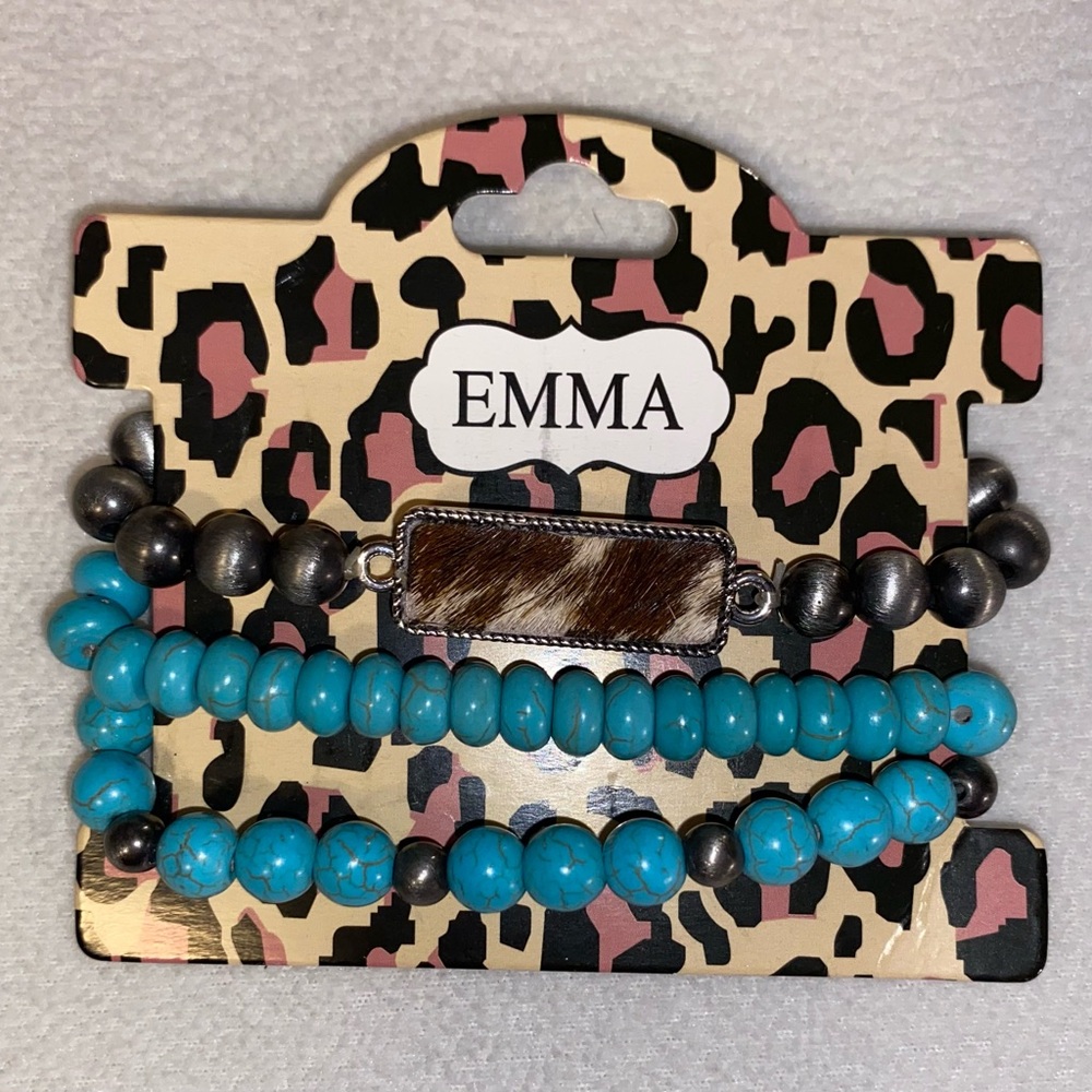 Emma Turquoise and Silver Bracelet Set Western NEW Cowhide